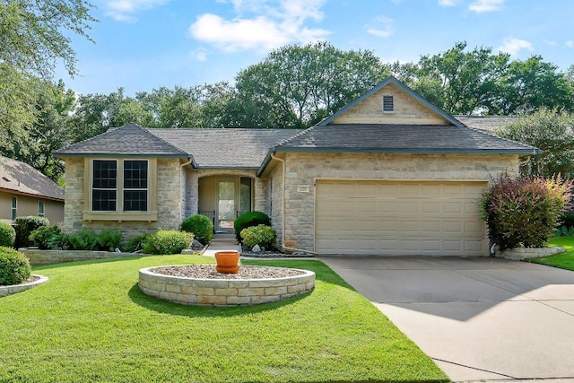 206 Whispering Wind Dr, Georgetown, TX 78633 - view of front facade featuring stone siding, an attached garage, concrete driveway, a front yard, and roof with shingles