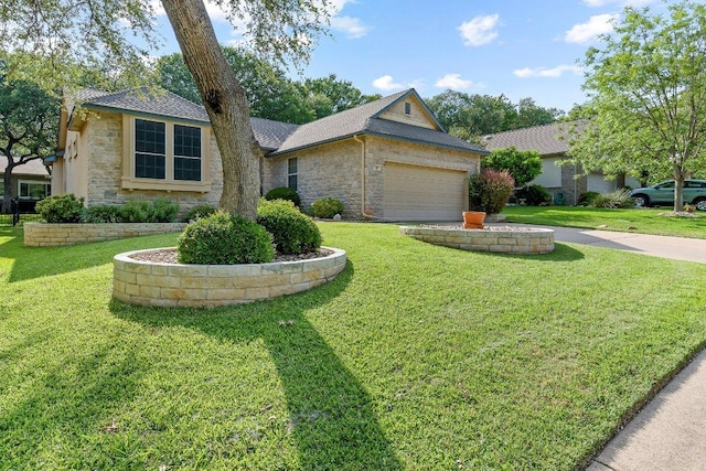 206 Whispering Wind Dr, Georgetown, TX 78633 - ranch-style home featuring stone siding, an attached garage, a front lawn, roof with shingles, and concrete driveway