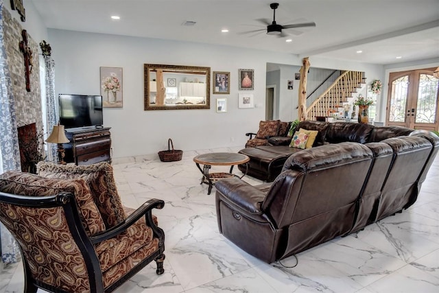 626 Sparta Field Rd, Waelder, TX 78959 - living room with marble finish flooring, stairs, recessed lighting, ceiling fan, and french doors