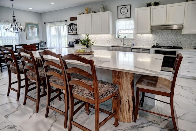 626 Sparta Field Rd, Waelder, TX 78959 - kitchen featuring stainless steel appliances, light marble finish flooring, under cabinet range hood, decorative backsplash, and recessed lighting