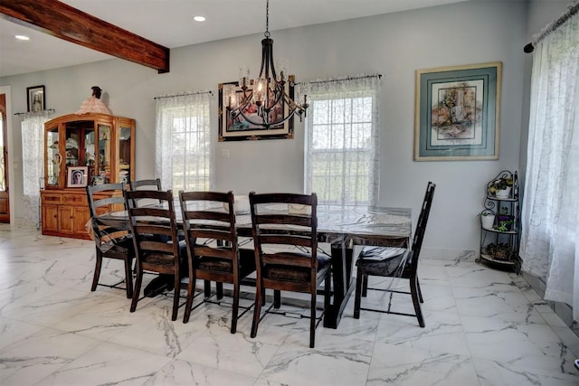626 Sparta Field Rd, Waelder, TX 78959 - dining area with a chandelier, beamed ceiling, light marble finish flooring, and recessed lighting