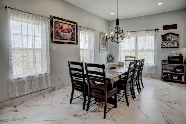 626 Sparta Field Rd, Waelder, TX 78959 - dining space with a chandelier, healthy amount of natural light, light marble finish floors, and recessed lighting