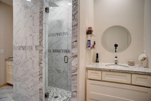 626 Sparta Field Rd, Waelder, TX 78959 - full bath with marble look tile flooring, vanity, and a stall shower