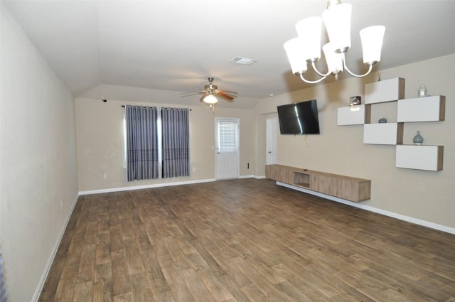 11024 Night Camp Dr, Austin, TX 78754 - unfurnished living room with a ceiling fan, wood finished floors, baseboards, a chandelier, and lofted ceiling