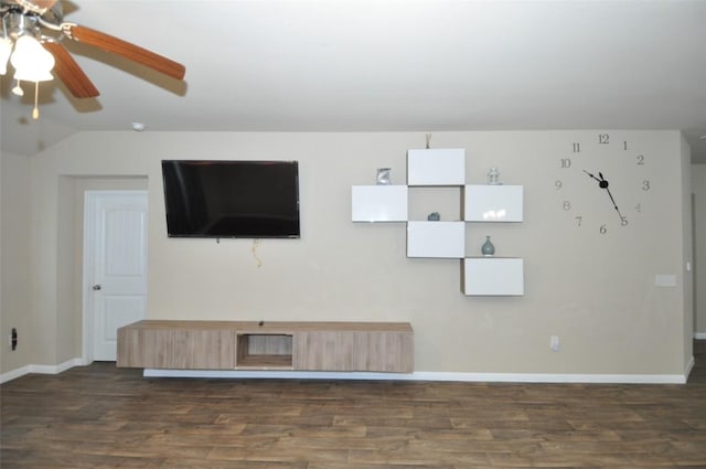 11024 Night Camp Dr, Austin, TX 78754 - unfurnished living room with dark wood-type flooring, baseboards, ceiling fan, and vaulted ceiling