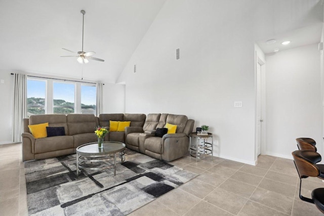 8119 Purple Aster Pass, Leander, TX 78645 - living area with ceiling fan, high vaulted ceiling, and light tile patterned floors