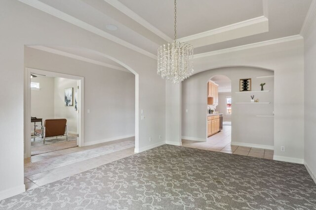 11037 River Plantation Dr, Austin, TX 78747 - unfurnished room with arched walkways, a chandelier, light tile patterned flooring, ornamental molding, and light carpet