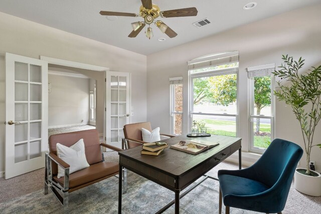 11037 River Plantation Dr, Austin, TX 78747 - carpeted office featuring french doors, healthy amount of natural light, and ceiling fan