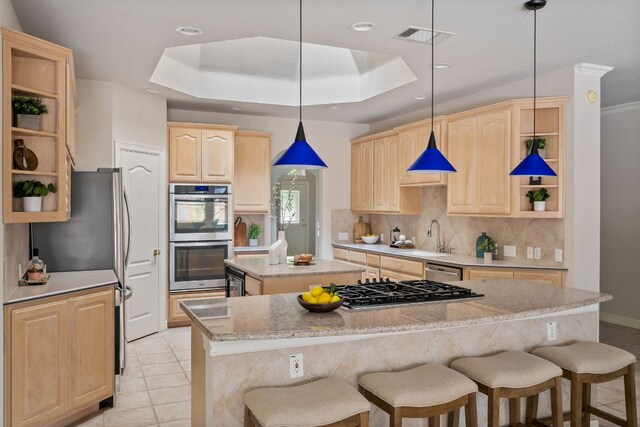 11037 River Plantation Dr, Austin, TX 78747 - kitchen with open shelves, light brown cabinets, stainless steel appliances, a kitchen island, and decorative backsplash