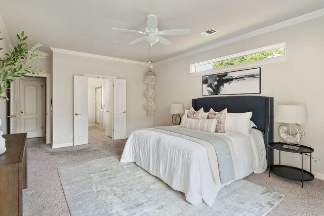 11037 River Plantation Dr, Austin, TX 78747 - carpeted bedroom with ornamental molding and ceiling fan
