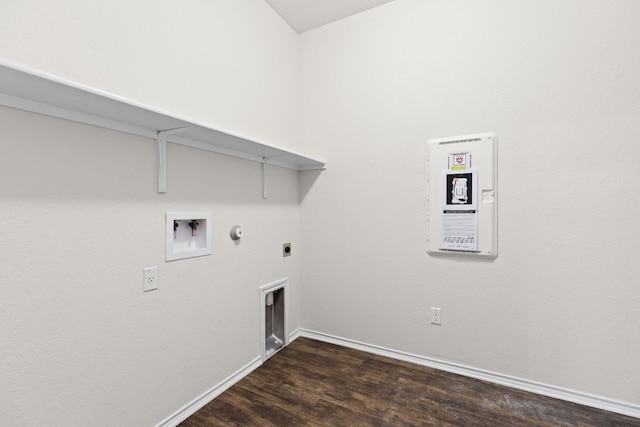 709 Hummingbird Ln, Leander, TX 78641 - laundry room with gas dryer hookup, hookup for a washing machine, hookup for an electric dryer, dark wood-style flooring, and baseboards