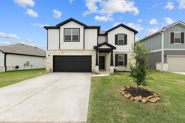 709 Hummingbird Ln, Leander, TX 78641 - view of front of house featuring board and batten siding, a garage, concrete driveway, and stone siding