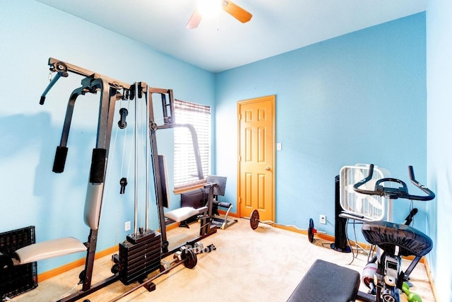 252 Hutton, Kyle, TX 78640 - workout area with a ceiling fan, carpet floors, and baseboards