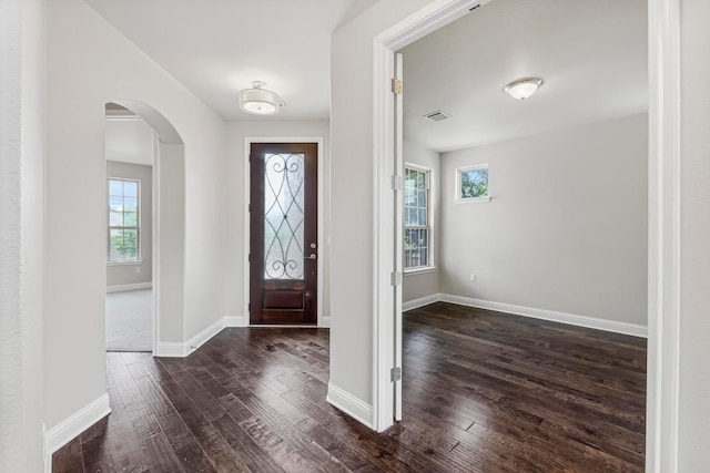 505 Fair Oaks Dr, Georgetown, TX 78628 - foyer entrance with healthy amount of natural light, dark wood finished floors, arched walkways, and baseboards