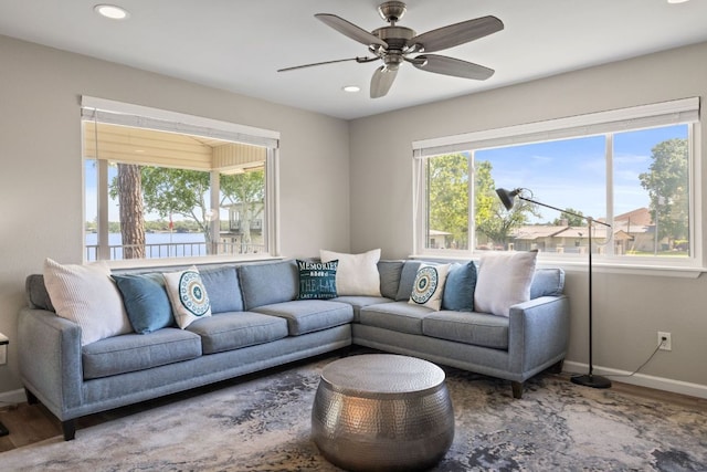515 Circle Dr, Sunrise Beach, TX 78643 - living area with recessed lighting, baseboards, ceiling fan, a water view, and wood finished floors