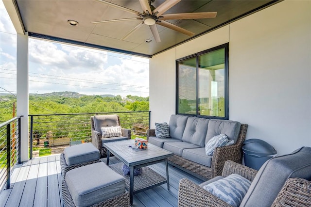13209 Mansfield Dr, Austin, TX 78732 - wooden deck featuring a ceiling fan and an outdoor living space