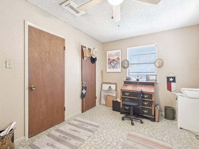 8622 Thunderbird Rd, Austin, TX 78736 - carpeted office with a textured ceiling, ceiling fan, and baseboards