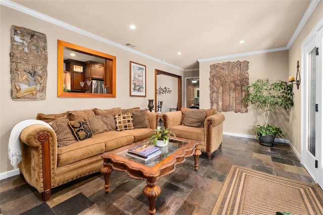 2301 Del Curto Rd, Austin, TX 78704 - living room with stone tile floors, recessed lighting, baseboards, and ornamental molding