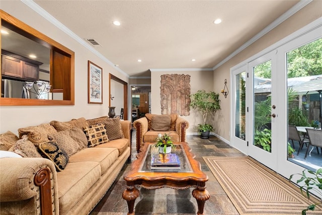 2301 Del Curto Rd, Austin, TX 78704 - living area with recessed lighting, crown molding, baseboards, stone finish floors, and french doors
