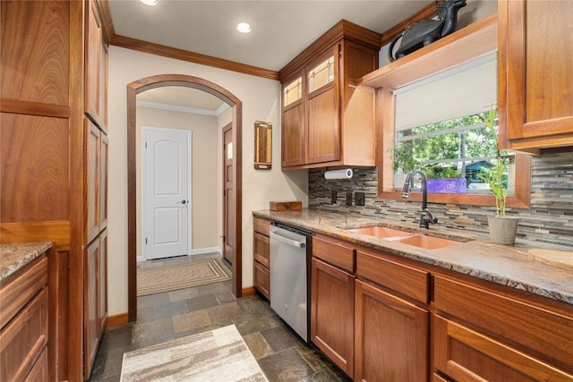 2301 Del Curto Rd, Austin, TX 78704 - kitchen with a sink, dishwasher, crown molding, baseboards, and decorative backsplash