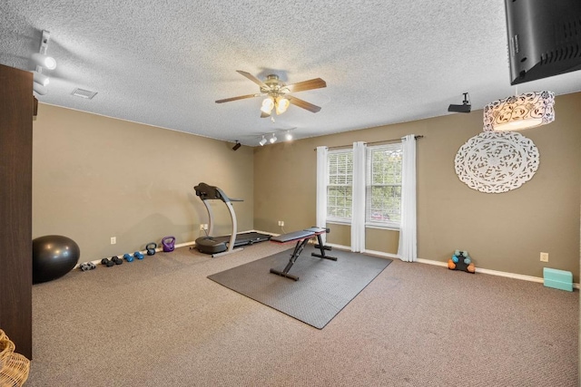 13210 Dime Box Trl, Austin, TX 78729 - exercise room with a ceiling fan, carpet floors, baseboards, and a textured ceiling
