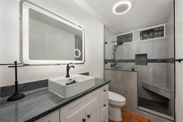 5902 Tumbling Cir, Austin, TX 78731 - full bathroom with vanity, toilet, a walk in shower, and tile patterned floors