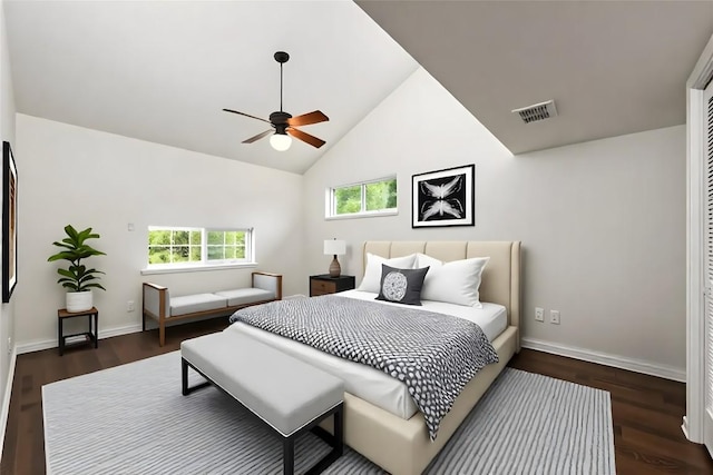 5902 Tumbling Cir, Austin, TX 78731 - bedroom featuring dark wood-style floors, high vaulted ceiling, baseboards, and a ceiling fan