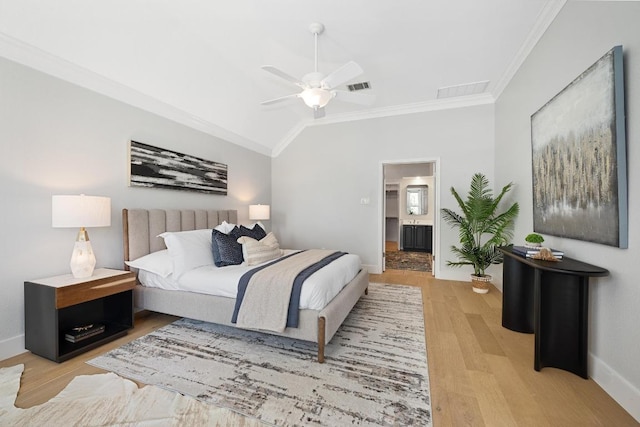 10239 Scull Creek Dr, Austin, TX 78730 - bedroom with ornamental molding, light wood-style floors, connected bathroom, and ceiling fan