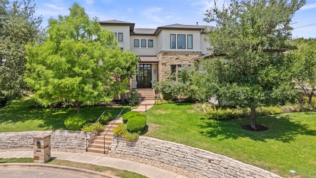3604 Shady Creek Cv, Austin, TX 78746 - view of front of property featuring stucco siding, stone siding, a front lawn, and stairs