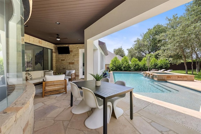 3604 Shady Creek Cv, Austin, TX 78746 - view of patio / terrace featuring a ceiling fan, an outdoor living space, and a pool with connected hot tub