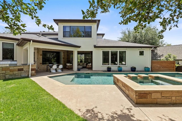 3604 Shady Creek Cv, Austin, TX 78746 - back of property with an outdoor living space, stucco siding, roof with shingles, a patio, and a pool with connected hot tub