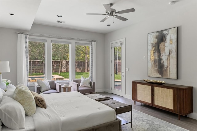 3604 Shady Creek Cv, Austin, TX 78746 - bedroom featuring access to exterior, wood finished floors, recessed lighting, and a ceiling fan