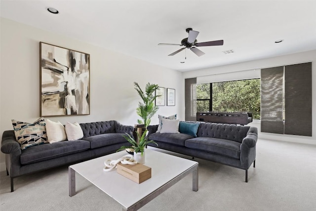 3604 Shady Creek Cv, Austin, TX 78746 - living area featuring light colored carpet, a ceiling fan, and recessed lighting