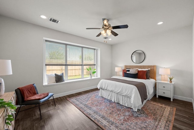 122 Retama Dr, Georgetown, TX 78626 - bedroom with baseboards, wood finished floors, recessed lighting, and a ceiling fan