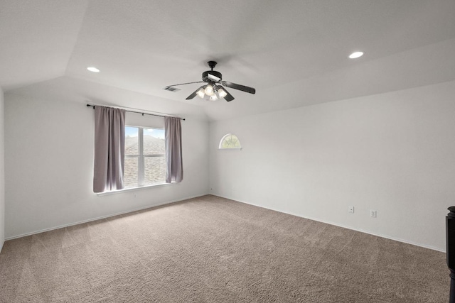 122 Retama Dr, Georgetown, TX 78626 - carpeted empty room featuring recessed lighting, ceiling fan, baseboards, and vaulted ceiling