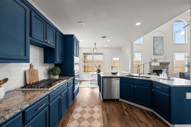 122 Retama Dr, Georgetown, TX 78626 - kitchen with appliances with stainless steel finishes, a sink, blue cabinets, dark wood-style flooring, and recessed lighting