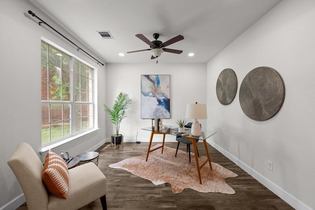 122 Retama Dr, Georgetown, TX 78626 - office area with baseboards, healthy amount of natural light, recessed lighting, ceiling fan, and wood finished floors