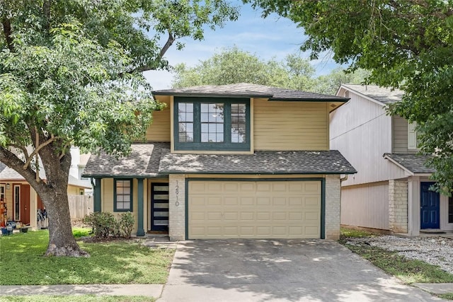 12910 Steeple Chase Dr, Austin, TX 78729 - view of front of house featuring an attached garage, driveway, brick siding, a shingled roof, and a front yard