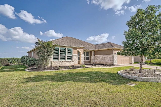 318 Fairway Ridge Rd, Georgetown, TX 78633 - view of front of home with stucco siding, a garage, stone siding, concrete driveway, and a front yard