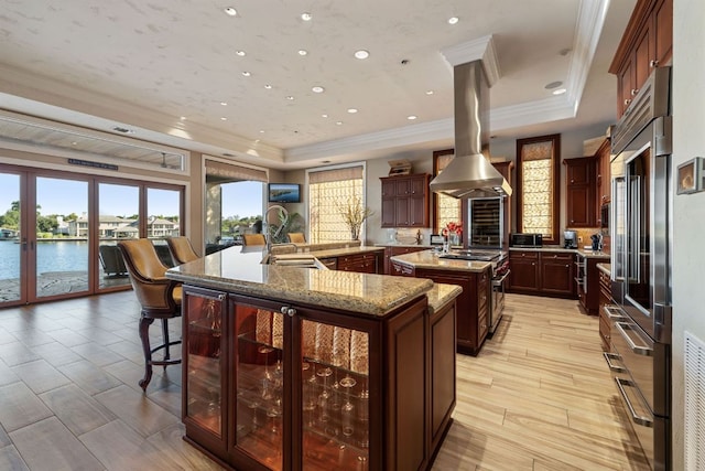 101 Matern Ct, Horseshoe Bay, TX 78657 - kitchen with a tray ceiling, a large island with sink, high end appliances, a sink, and ornamental molding