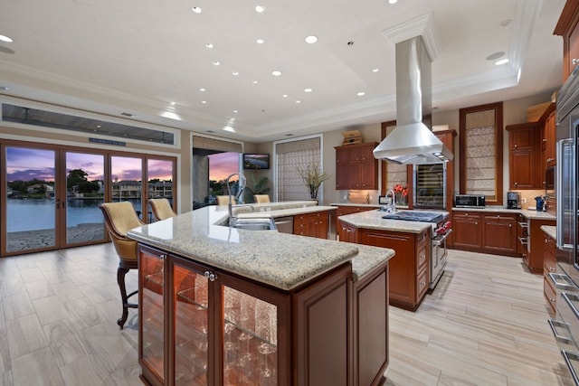 101 Matern Ct, Horseshoe Bay, TX 78657 - kitchen with a large island, a tray ceiling, island range hood, appliances with stainless steel finishes, and crown molding