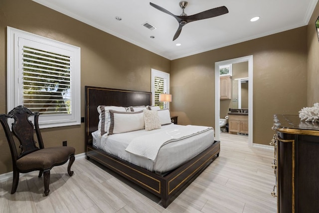 101 Matern Ct, Horseshoe Bay, TX 78657 - bedroom with baseboards, light wood finished floors, recessed lighting, ornamental molding, and ensuite bath