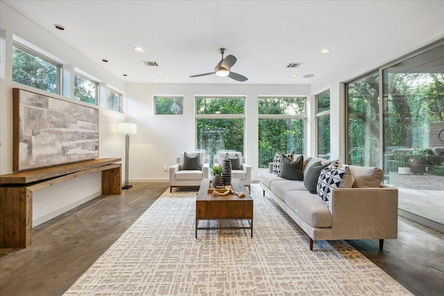 133 Frederick St Unit A, Austin, TX 78704 - living area featuring finished concrete floors, ceiling fan, and recessed lighting