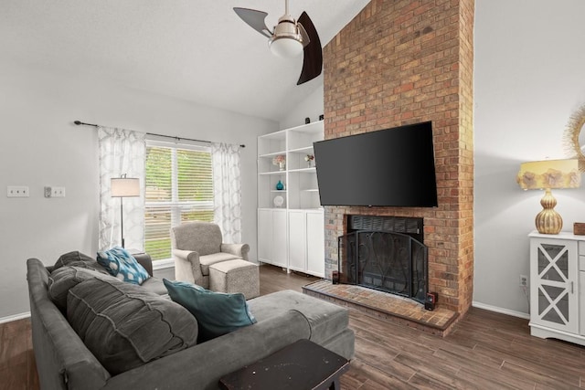 4019 Iriona Bnd, Austin, TX 78749 - living room featuring ceiling fan, a fireplace, wood finished floors, and high vaulted ceiling
