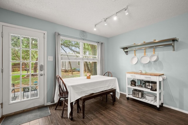 4019 Iriona Bnd, Austin, TX 78749 - dining area with wood finished floors, rail lighting, and a textured ceiling
