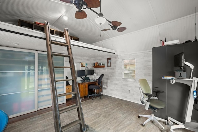 4019 Iriona Bnd, Austin, TX 78749 - office featuring a ceiling fan, wood finished floors, and vaulted ceiling