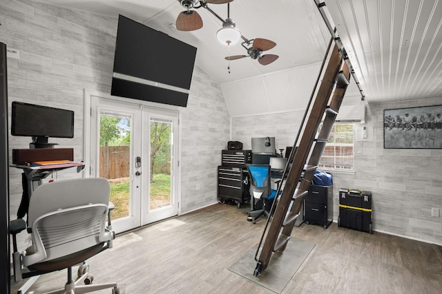 4019 Iriona Bnd, Austin, TX 78749 - office with ceiling fan, french doors, wood finished floors, a wall unit AC, and lofted ceiling