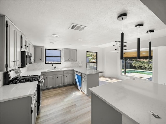3912 Hillside Dr, Round Rock, TX 78681 - kitchen with appliances with stainless steel finishes, gray cabinets, a peninsula, light wood-style floors, and a textured ceiling