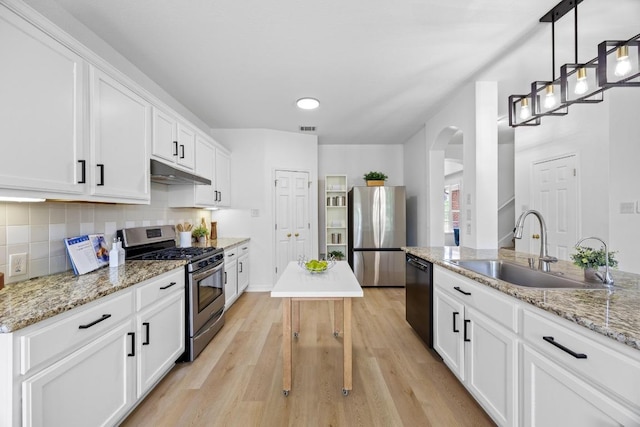 20420 Kearney Hill Rd, Pflugerville, TX 78660 - kitchen with appliances with stainless steel finishes, a sink, under cabinet range hood, arched walkways, and light wood-type flooring