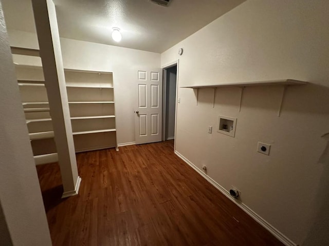 8429 Steamline Cir, Austin, TX 78745 - washroom featuring gas dryer hookup, hookup for a washing machine, wood finished floors, electric dryer hookup, and baseboards